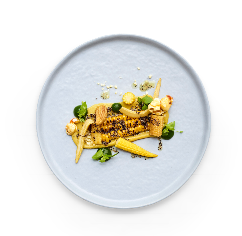 Ein weißer Teller mit gegrilltem Babymais, Popcorn, Püree, Grünzeug und Samen, kunstvoll arrangiert auf schwarzem Hintergrund - ideal für professionelles Catering für Events in Köln.