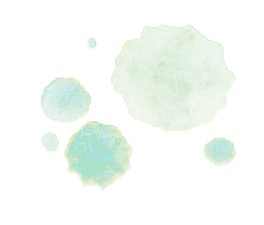 Fünf Aquarellkleckse in Blau- und Grüntönen auf weißem Hintergrund.