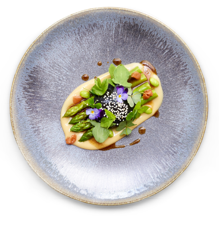 Feines Gericht mit Spargel, essbaren Blüten, Microgreens, Sauce und Garnitur auf einem blauen Keramikteller.
