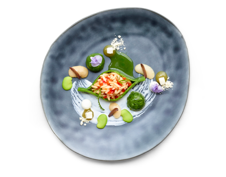 Ein modernes Gourmetgericht mit buntem Gemüse und Beilagen kunstvoll arrangiert auf einem grauen Teller, perfekt für professionelles Catering für Events in Köln.