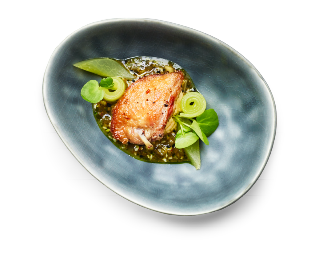 Gebratenes Hähnchen auf einem dunklen ovalen Teller mit grüner Soße, Blattgemüse und spiralförmig geschnittenem Gemüse.