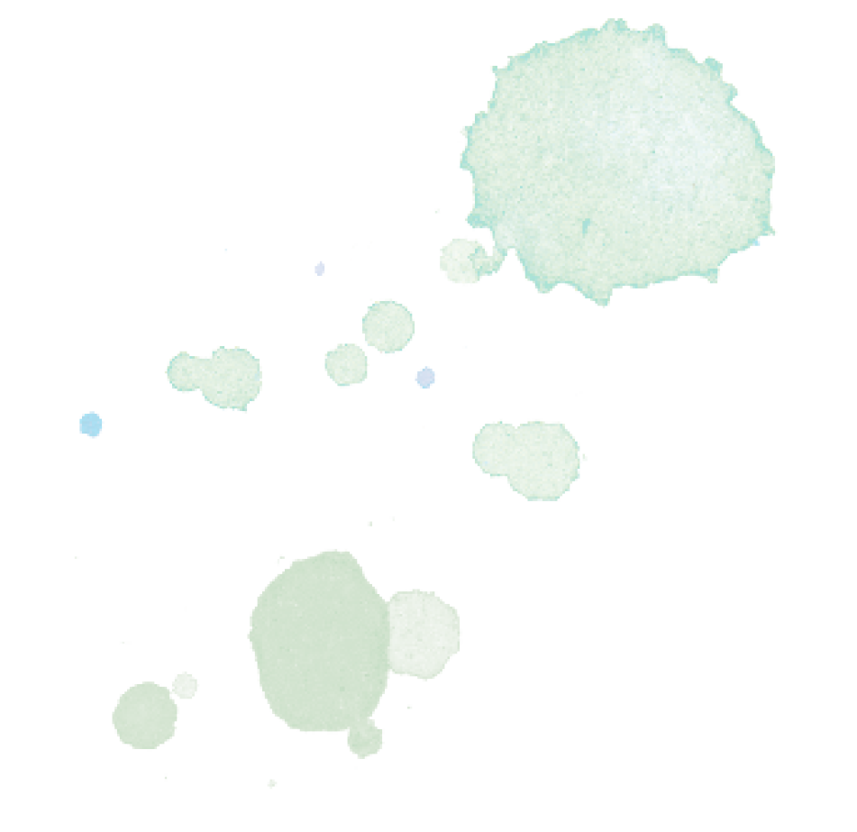 Grüne und blaue Aquarellfarbspritzer in verschiedenen Größen auf weißem Hintergrund.