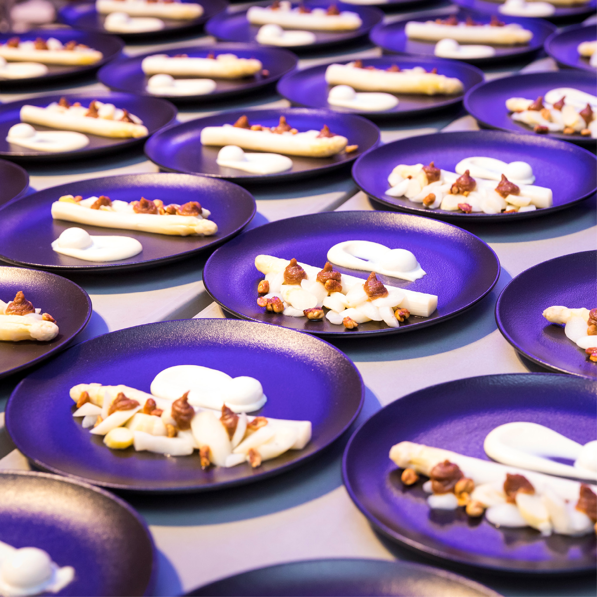 Reihen von dunklen Tellern mit fein säuberlich angeordneten Gourmetgerichten, darunter weißer Spargel, Nüsse und ein Schwall Sauce - perfekt für Eventcatering für besondere Anlässe.