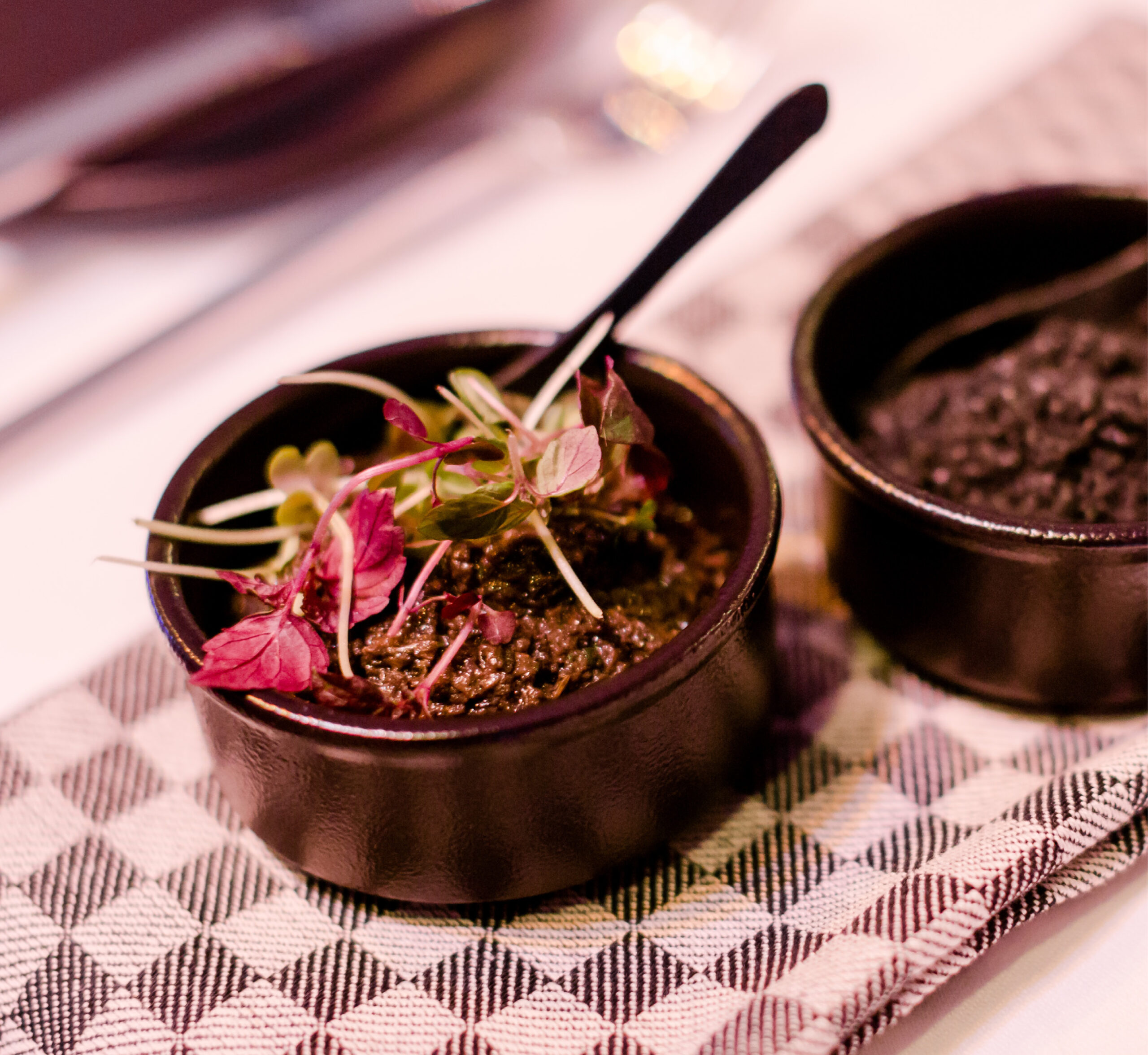 Ein kleines Schälchen Dip mit Microgreens, platziert auf einem karierten Tuch mit einem Löffel darin - perfekt für Eventcatering für besondere Anlässe.