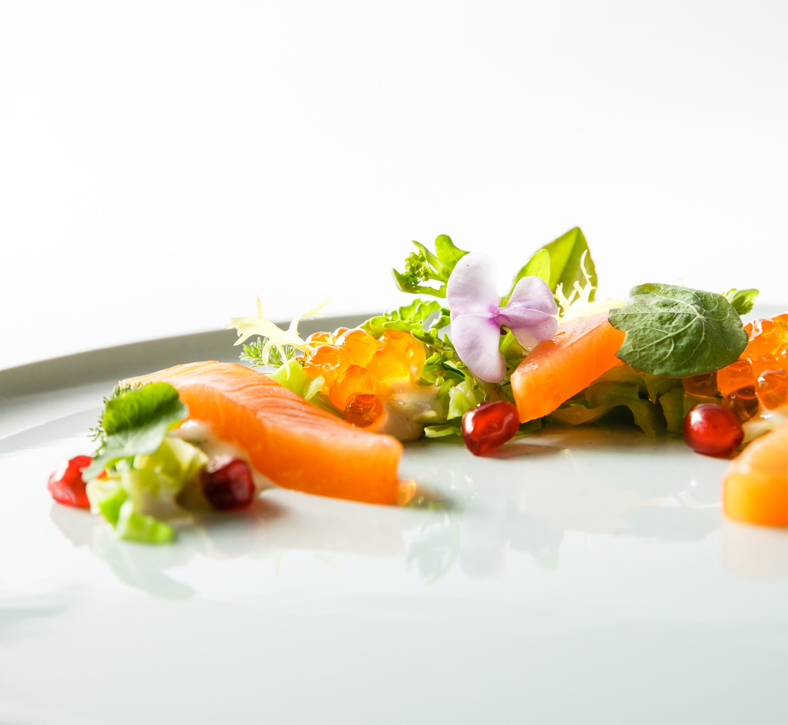 Lachsscheiben mit Grünzeug, Granatapfelkernen, Rogen und einer lila essbaren Blume auf einem weißen Teller.