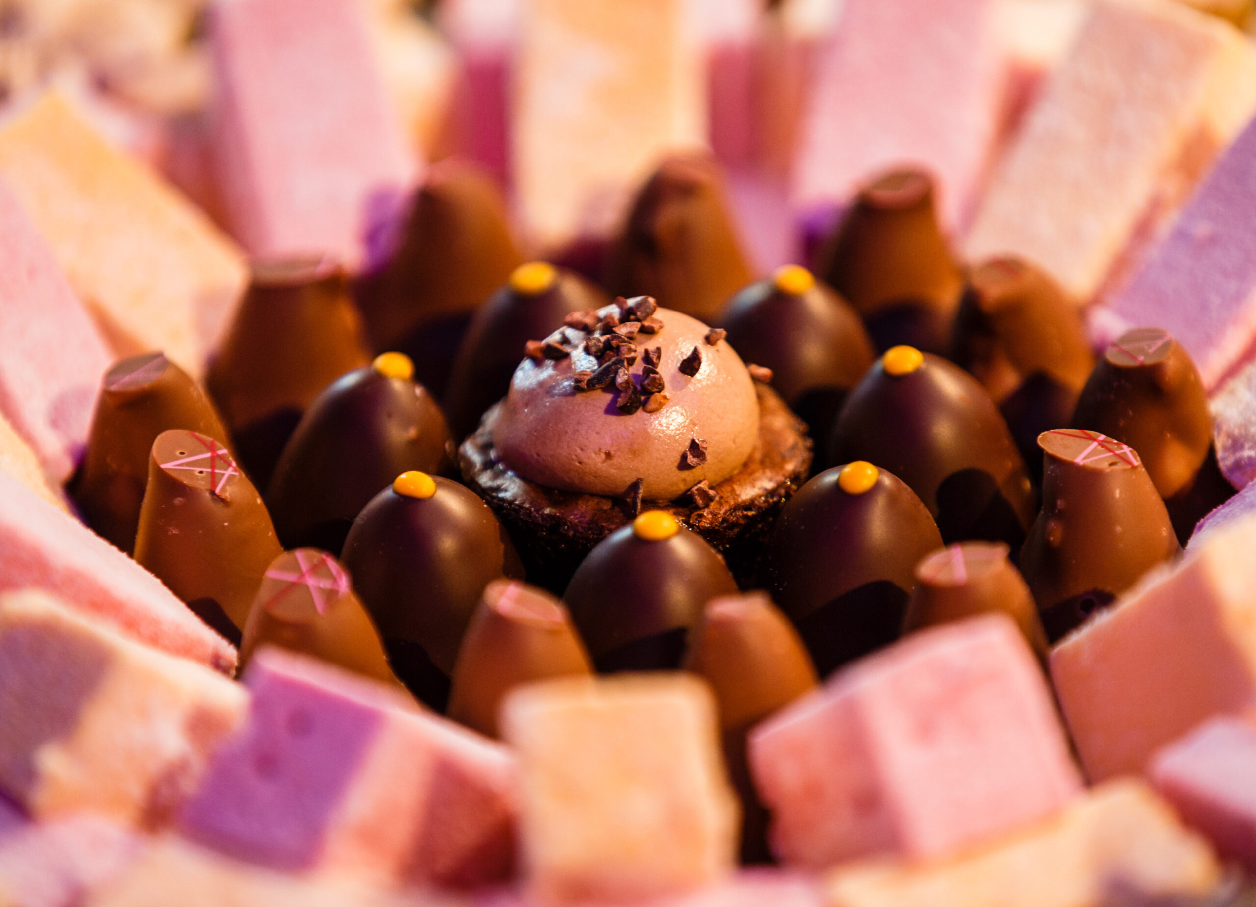 Verschiedene Pralinen und rosa Marshmallows, in einem kreisförmigen, dekorativen Muster angeordnet.