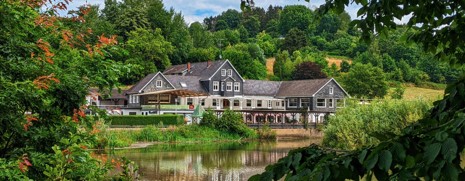 Ein großes Haus, ideal als Haus Diepental für Feiern, mit grauen Dächern liegt an einem Teich, umgeben von grünen Bäumen und üppiger Vegetation.