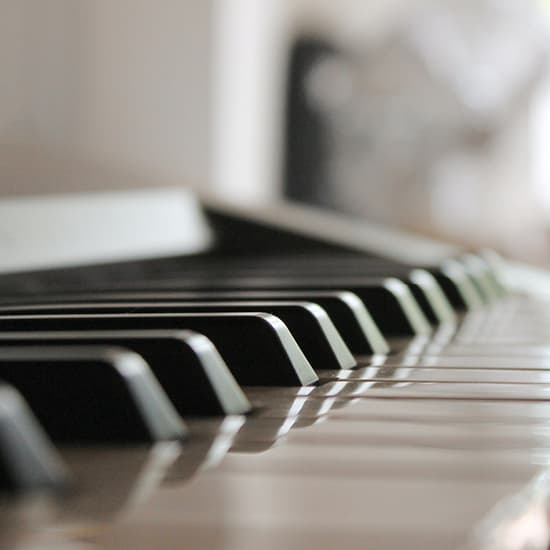 Nahaufnahme von Klaviertasten vor unscharfem Hintergrund, wobei der Fokus auf den schwarzen und weißen Tasten liegt.