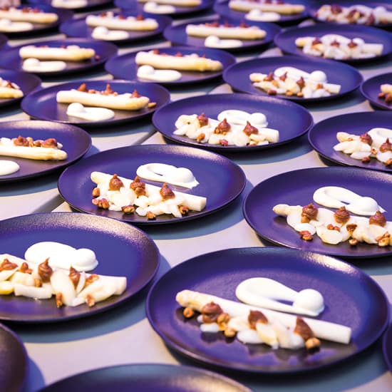 Mehrere dunkle Teller mit Gourmet-Häppchen, unter anderem mit weißem Spargel, Sahne und Garnituren, in Reihen angeordnet.