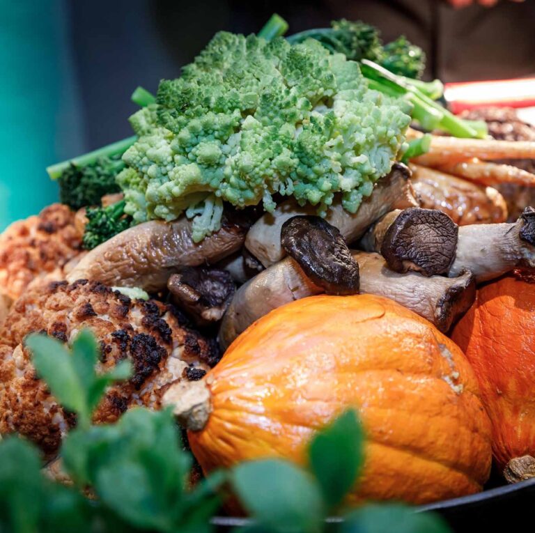 Verschiedene frische Gemüsesorten, darunter Romanesco, Champignons, Blumenkohl und orangefarbener Kürbis in einer Schüssel.