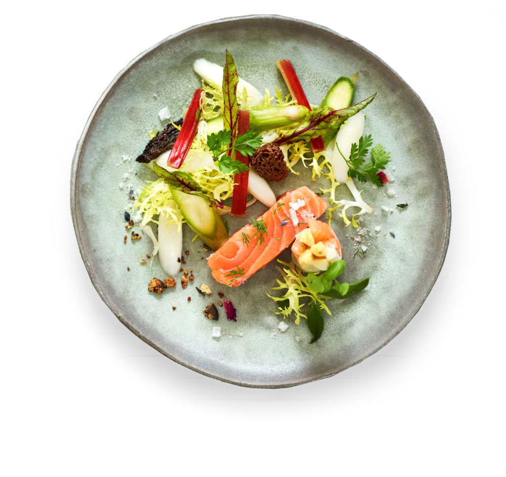 Ein Gourmetgericht aus Lachs, Spargel, Gemüse und Garnitur, kunstvoll angerichtet auf einem grauen Teller.