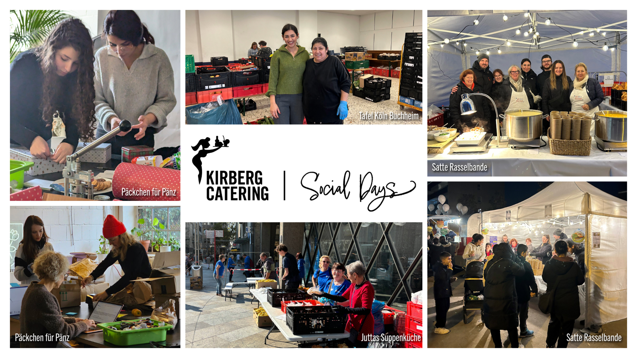 Collage aus Fotos von Mitarbeitern von Kirberg Catering zeigt, wie diese im Rahmen der Social Days bei ehrenamtlichen Projekten helfen.