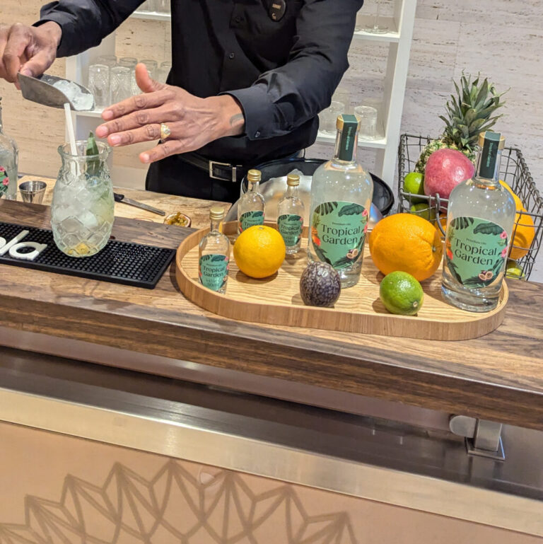 Kirberg-Barkeeper Johnny Rumaldo mixt einen Cocktail mit Tropical Garden Gin an einer Bar in der Flora Köln.