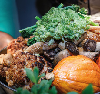 Eine Vielzahl von frischem Gemüse, darunter Kürbis, Champignons, Brokkoli und Blumenkohl, die gemeinsam präsentiert werden - perfekt für die Präsentation regionaler Produkte im Eventcatering.